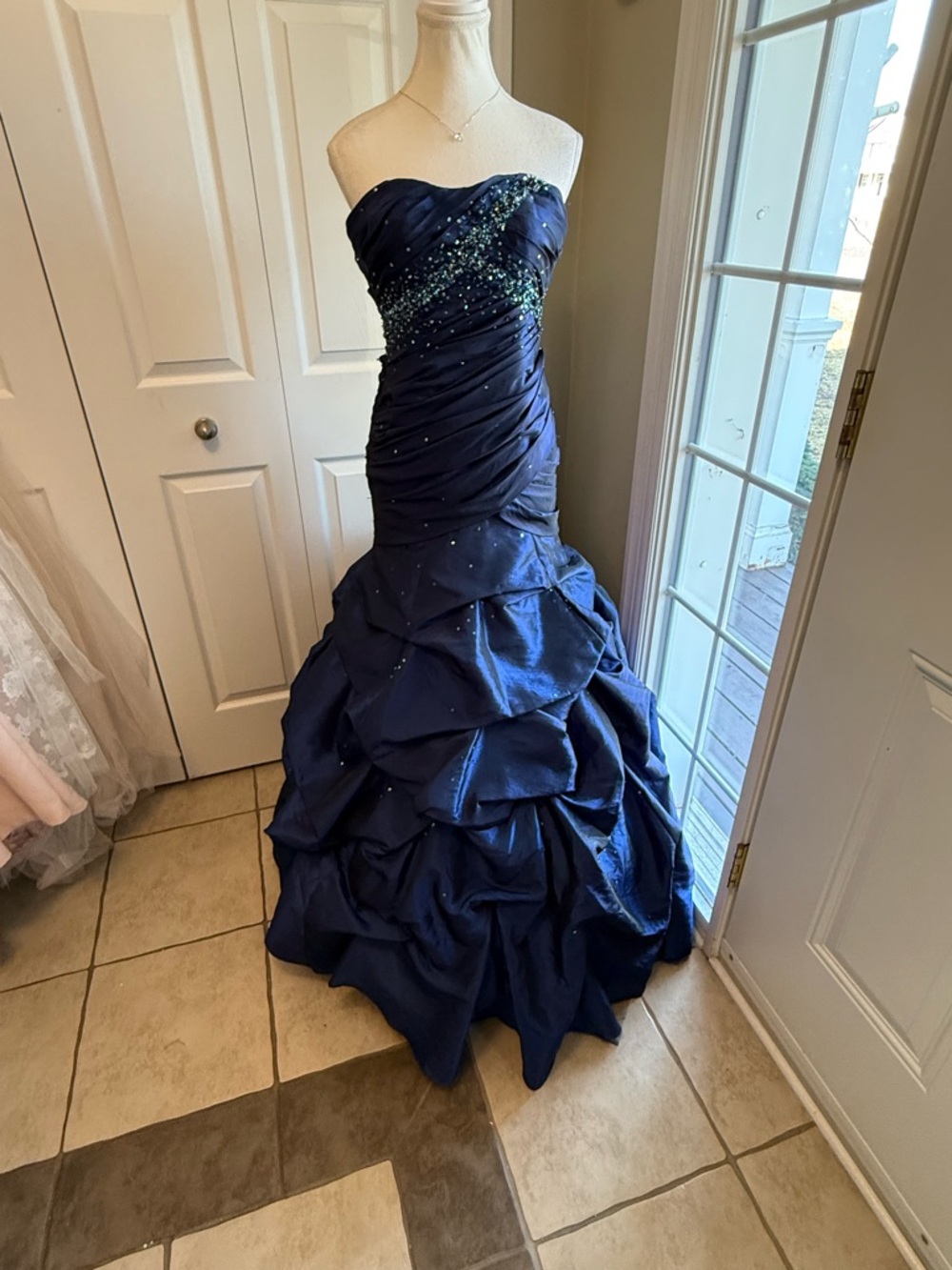 Mori Lee Navy Blue Strapless Beaded Prom Gown
